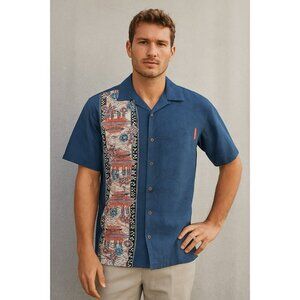 Mango House Okinawa Hawaiian Shirt Medium Blue Camp Collar Jacquard